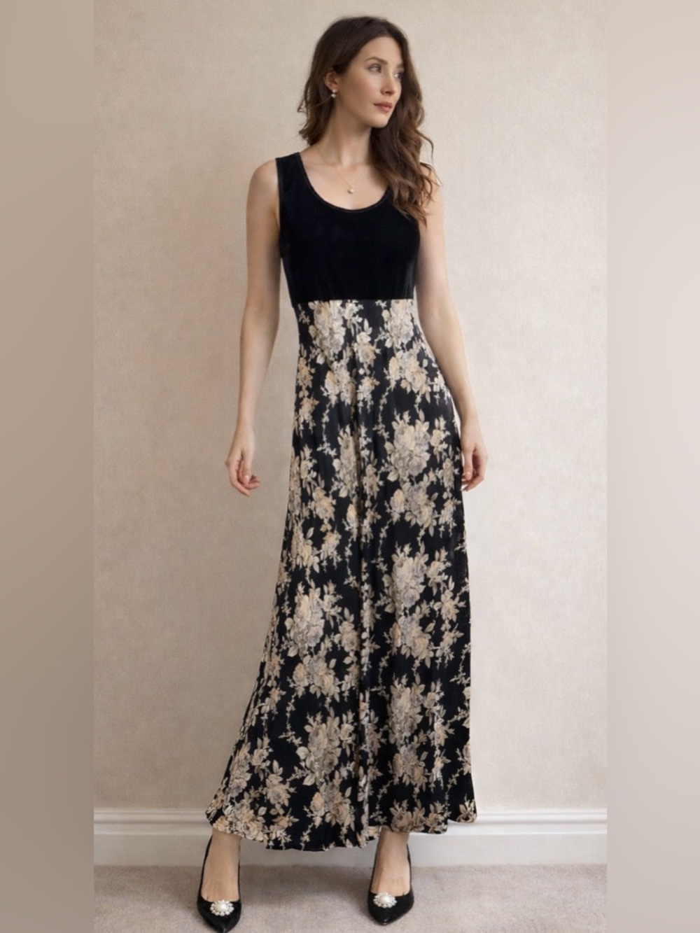 Vintage Velvet Floral Flowy Maxi Dress Size 4 Black 90’s A-Line